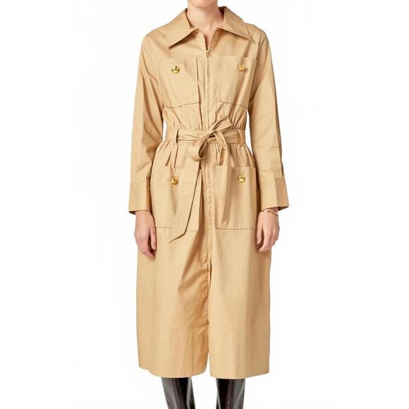 NEW ENGLISH FACTORY modern classic tie-waist dress in trench brown - Picture 4 of 5